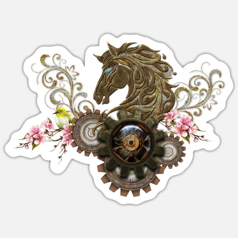 Ce cheval steampunk unique avec des fleurs Sticker taille S (10 x 10 cm)