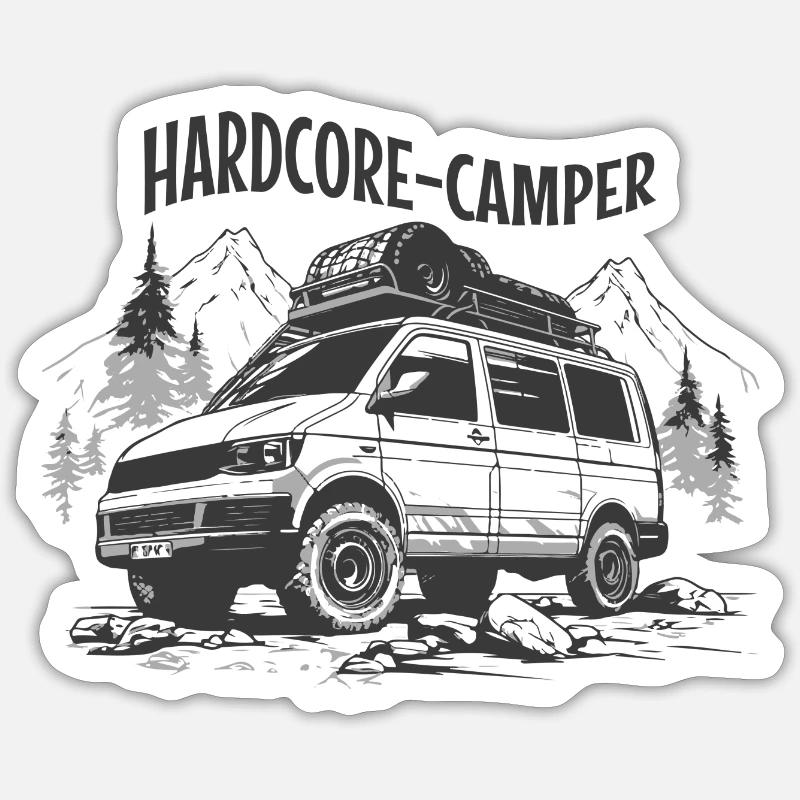 Hardcore Camper Zelten Campervan Transporter KFZ - Sticker Größe S (10 x 10 cm) - Mattweiß