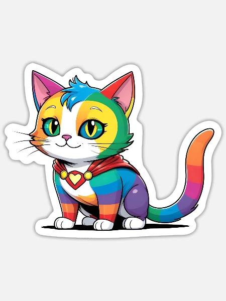Superhelden LGBT Regenbogen Katze - Sticker Größe S (10 x 10 cm) - Mattweiß