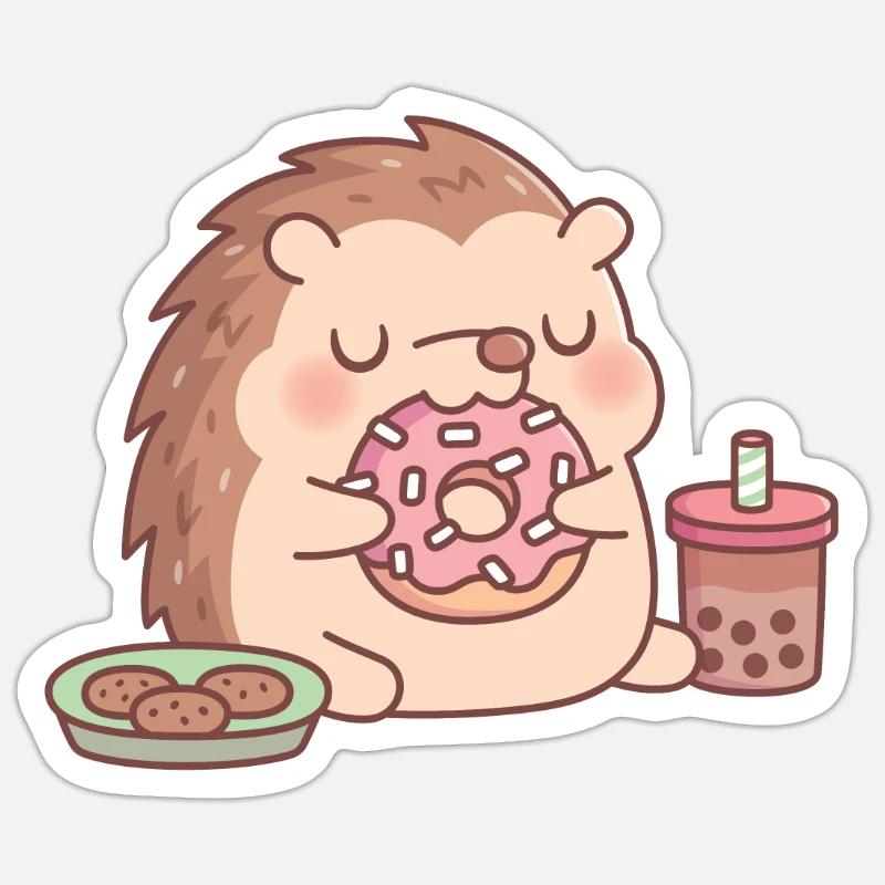 Hérisson mignon mangeant des biscuits beignets et du thé boba - Sticker taille S (10 x 10 cm) - blanc mat
