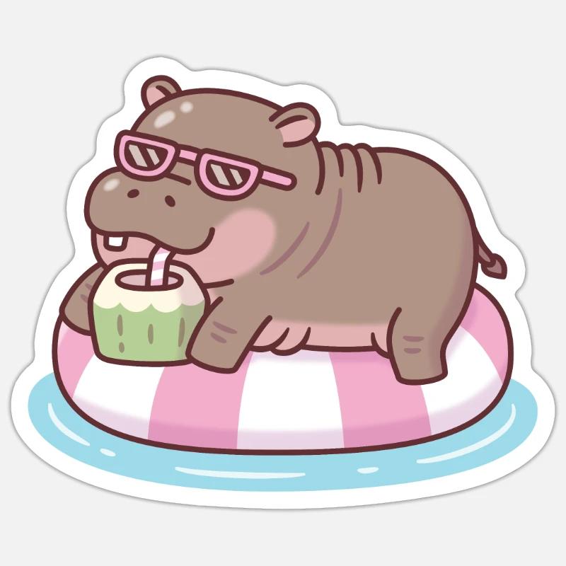 Cute Hippo Chilling On Pool Float Drinking Coconut Sticker size S (10 x 10 cm)