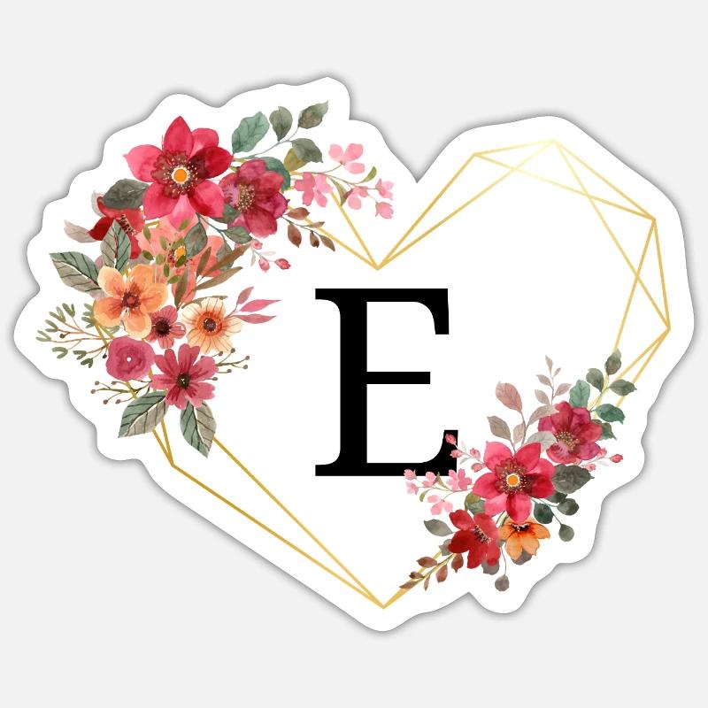 Lettre e cœur doré floral - Sticker taille S (10 x 10 cm) - blanc mat