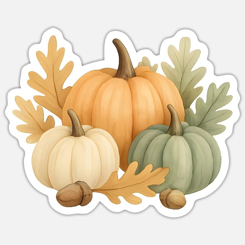 Kürbisse, Eichenlaub & Eicheln - Sticker Größe S (10 x 10 cm) - Mattweiß