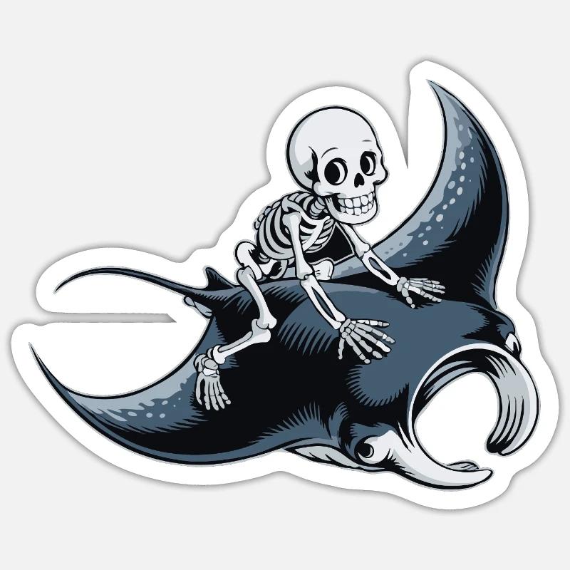 Squelette sur raie manta - Sticker taille S (10 x 10 cm) - blanc mat