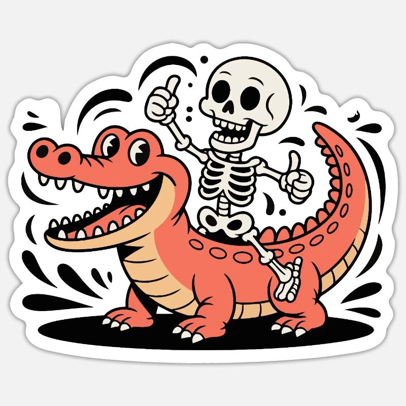 Cavalier squelette sur crocodile rouge - Sticker taille S (10 x 10 cm) - blanc mat