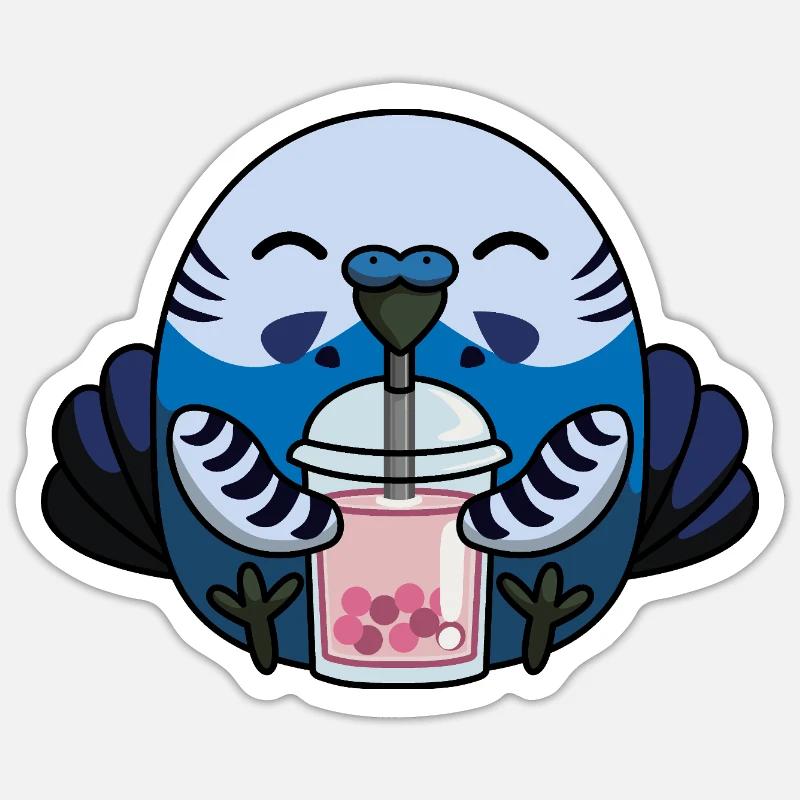 Blue Budgie Bird with Bubble Tea Sticker size S (10 x 10 cm)