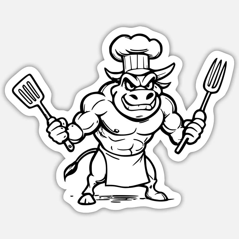 Taureau chef cuisinier  - Sticker taille S (10 x 10 cm) - blanc mat