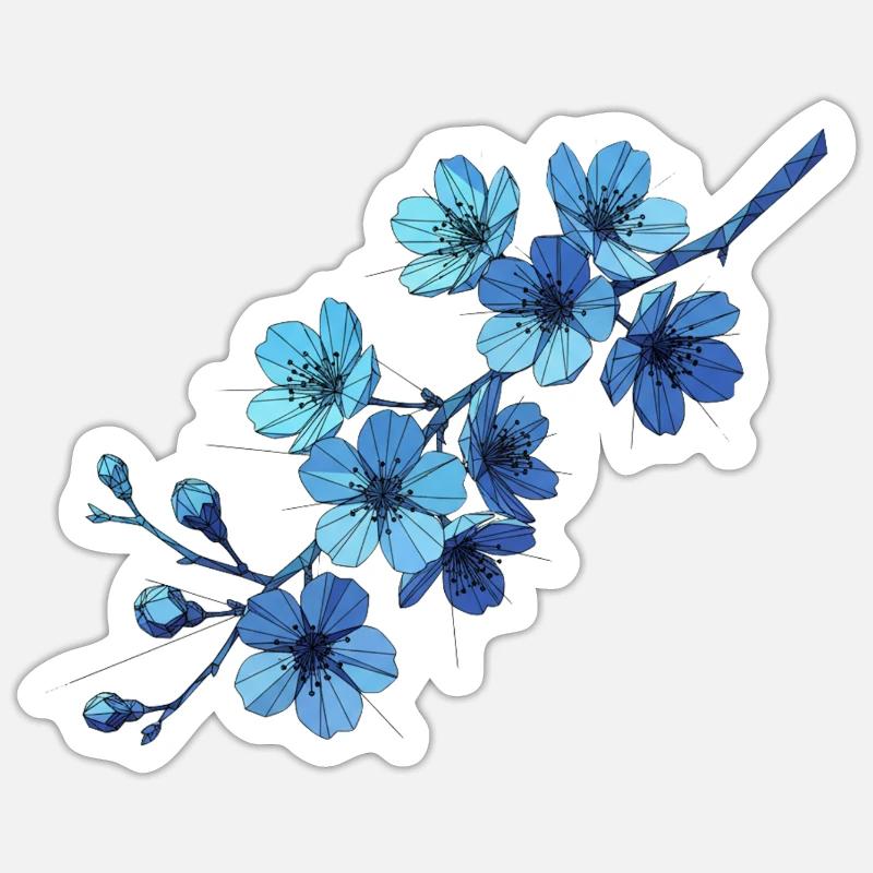 Branches géométriques de fleurs bleues - Sticker taille S (10 x 10 cm) - blanc mat