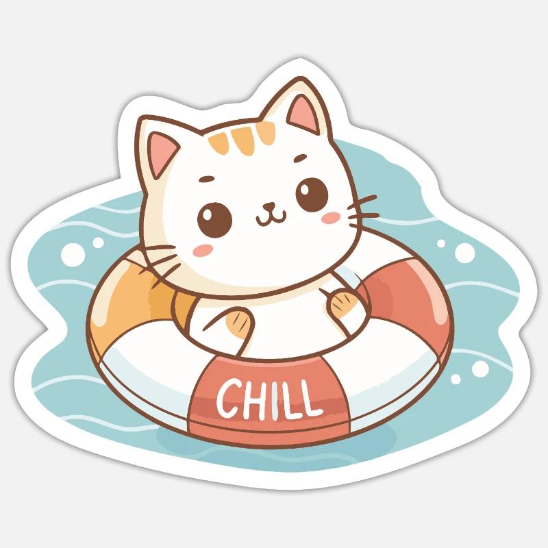Chat sur Bouée Chill Sticker taille S (10 x 10 cm)