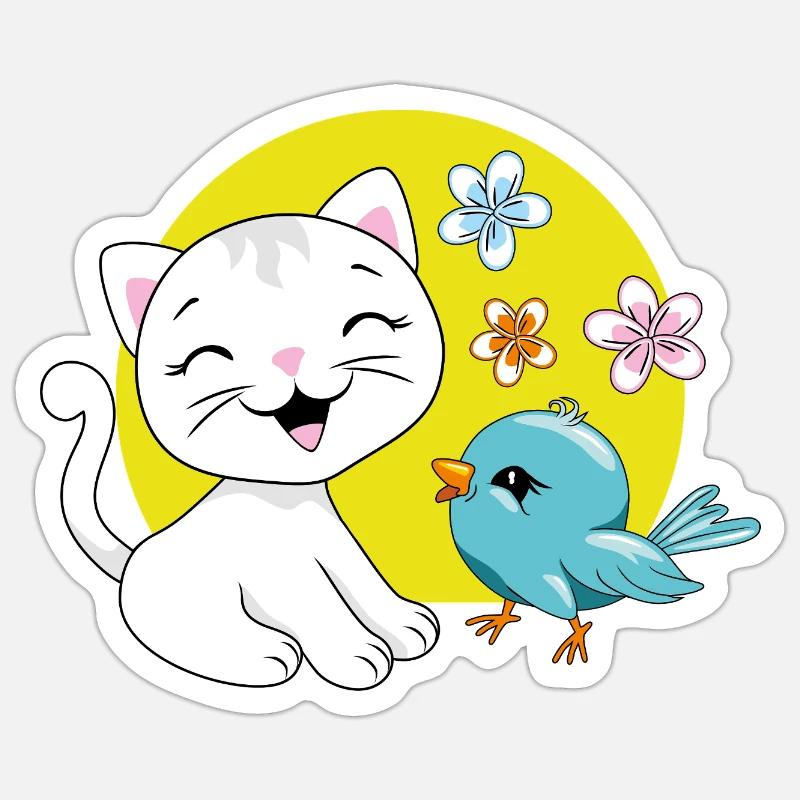 Le chaton blanc et l’oiseau bleu - Sticker taille S (10 x 10 cm) - blanc mat
