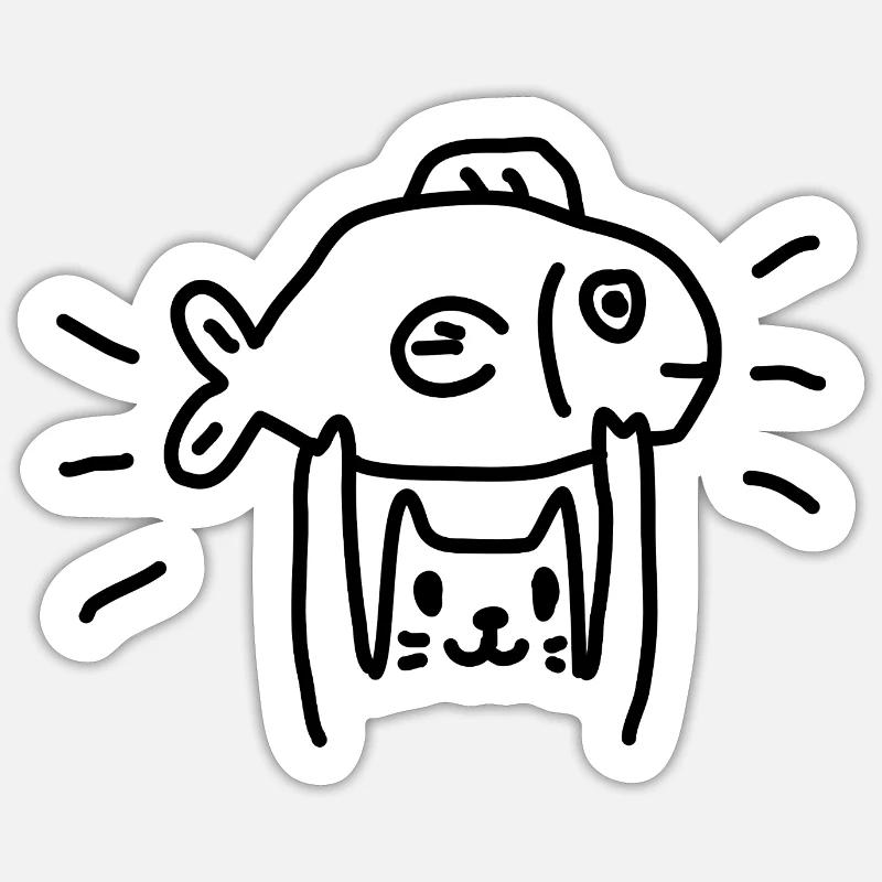 Chat pêchent au poisson - Sticker taille S (10 x 10 cm) - blanc mat