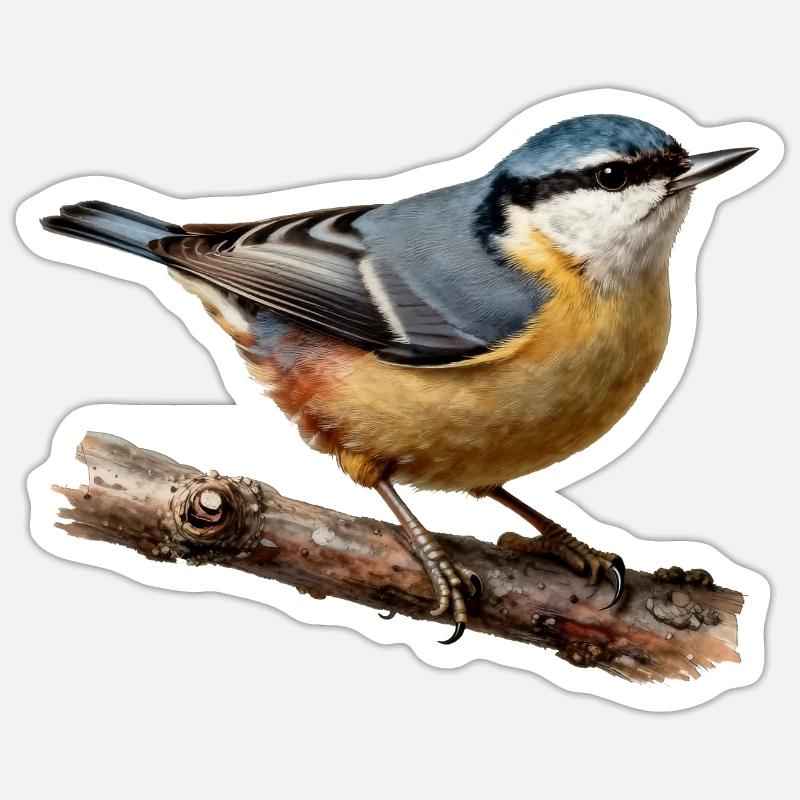 Sittelle torchepot sur branche - Sticker taille S (10 x 10 cm) - blanc mat
