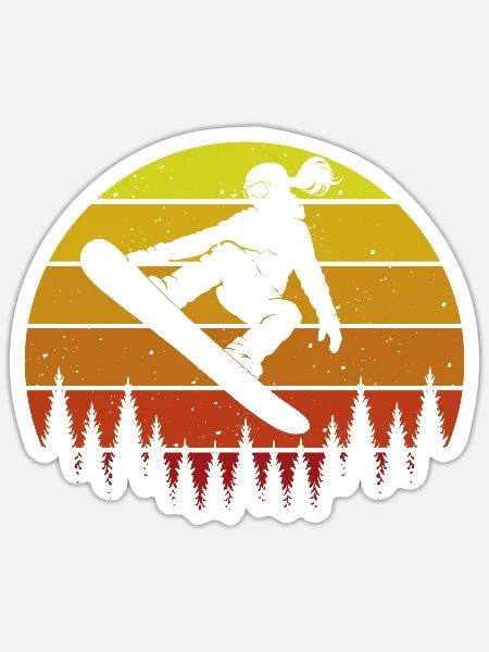 Retro Snowboarderin Slopestyle Wintersport Wald - Sticker Größe S (10 x 10 cm) - Mattweiß