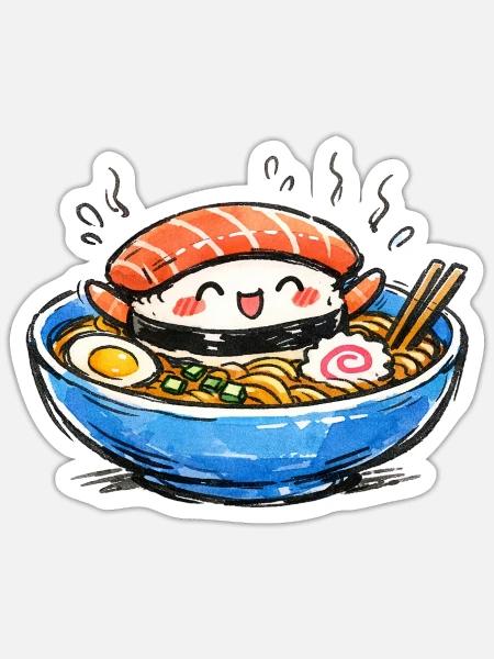 Kawaii Sushi-Ramen Bowl Illustration - Sticker Größe S (10 x 10 cm) - Mattweiß