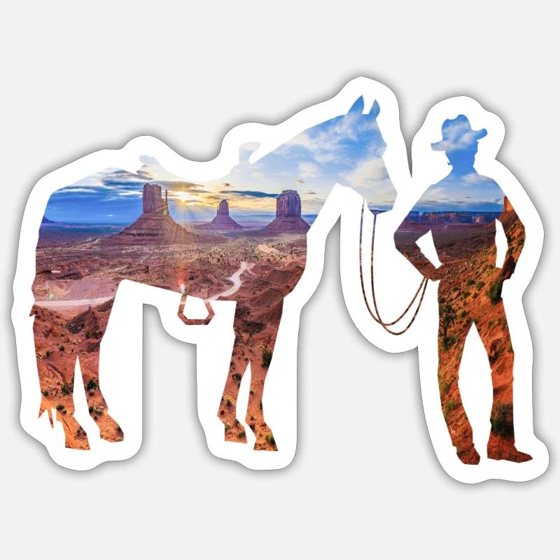 cow-boy dans la steppe - Sticker taille S (10 x 10 cm) - blanc mat
