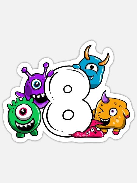 Monster Achter Geburtstag 8 Jahre Geschenk - Sticker Größe S (10 x 10 cm) - Mattweiß