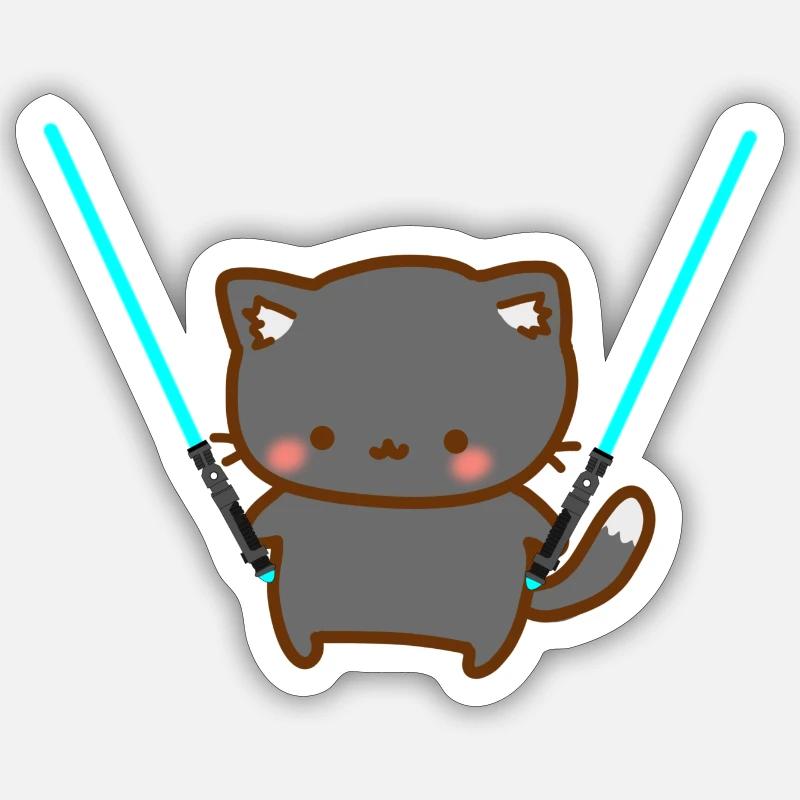 Süße Katze mit blauen Lichtschwertern - Sticker Größe S (10 x 10 cm) - Mattweiß