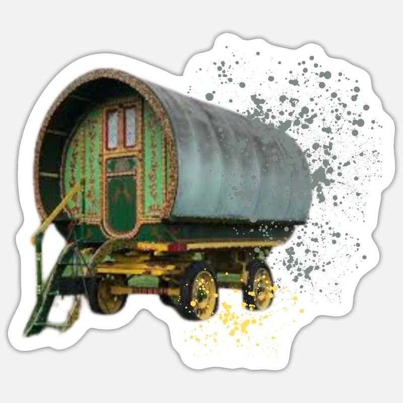 caravane gitane tirée par des chevaux, - Sticker taille S (10 x 10 cm) - blanc mat