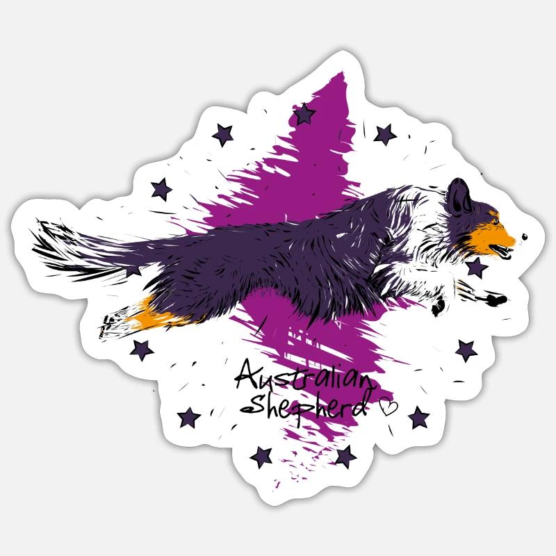 black tri Australian Shepherd, springend - Sticker Größe S (10 x 10 cm) - Mattweiß