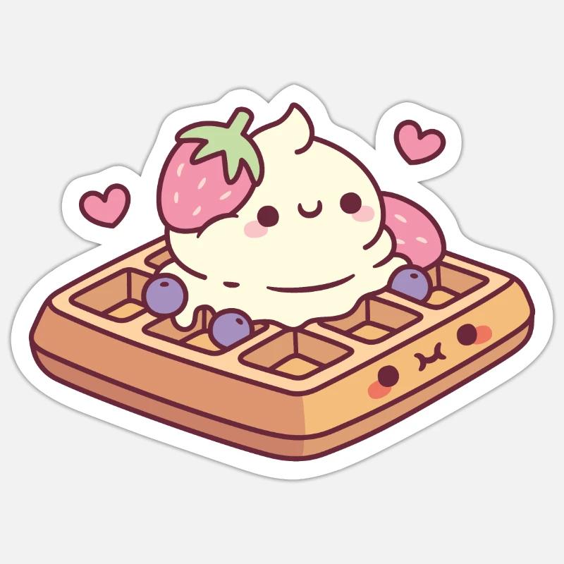 Gaufre mignonne et crème glacée - Sticker taille S (10 x 10 cm) - blanc mat