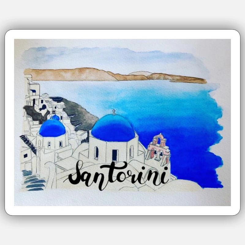 Oia à l'aquarelle - Sticker taille S (10 x 10 cm) - blanc mat