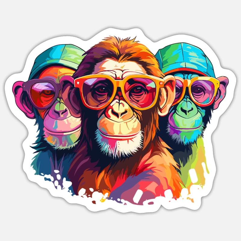Three Monkeys - Scimmie stridule con occhiali da sole - Sticker formato S (10 x 10 cm) - bianco opaco