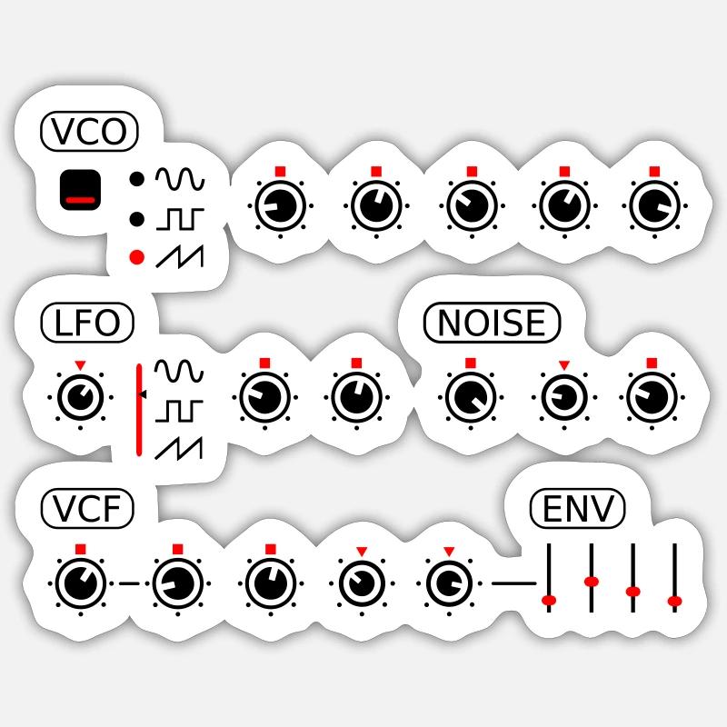 Potentiomètres de synthétiseur LFO VCO VCF Noise EPS Control - Sticker taille S (10 x 10 cm) - blanc mat