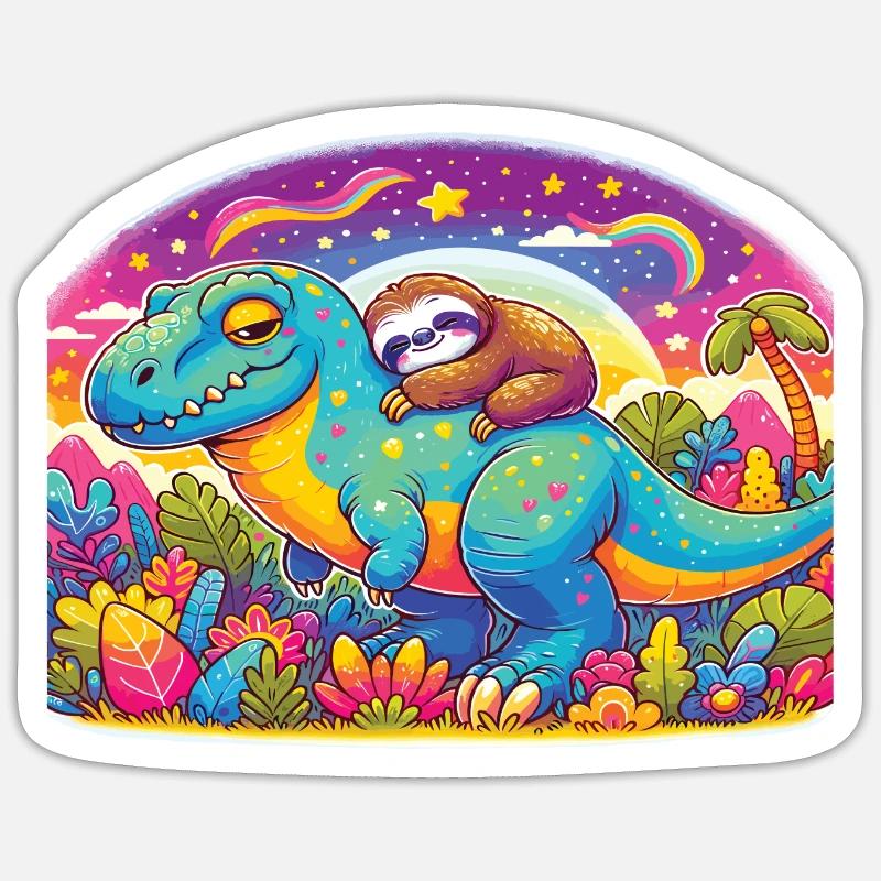 Schlafendes Faultier auf einem Dinosaurier Sticker Größe S (10 x 10 cm)