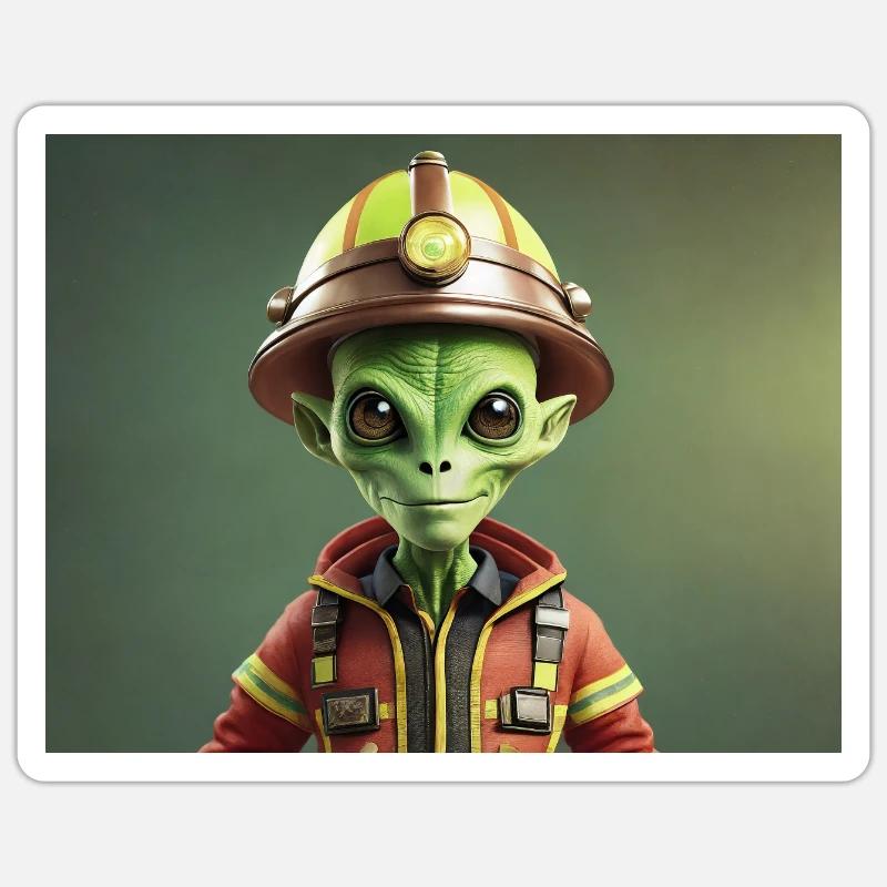 mignon petit pompier extraterrestre rétro rétro vert Sticker taille S (10 x 10 cm)