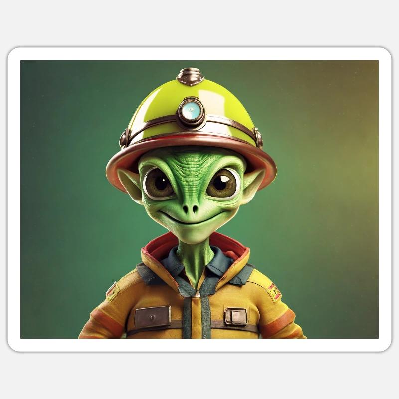mignon petit pompier extraterrestre rétro rétro vert Sticker taille S (10 x 10 cm)