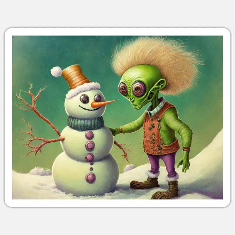 Alien baut einen Schneemann - Sticker Größe S (10 x 10 cm) - Mattweiß