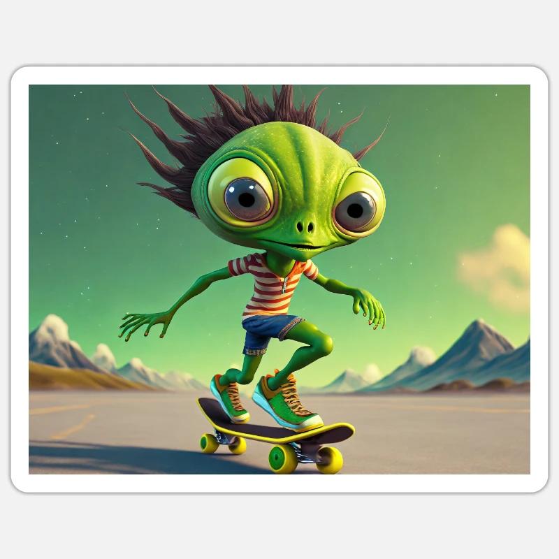 mignon petit vert rétro alien Planche à roulettes Sticker taille S (10 x 10 cm)