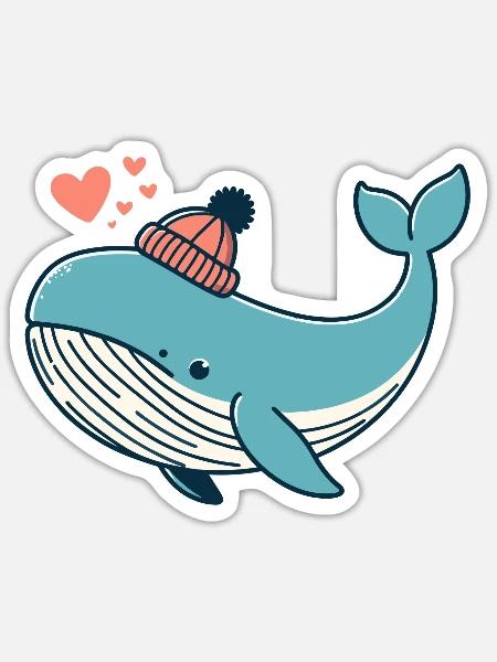 Verliebter Wal mit Beanie Mütze und Herzen - Sticker Größe S (10 x 10 cm) - Mattweiß