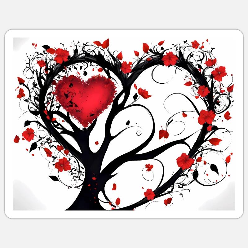schwarzer Baum mit rotem Herz und Herzblättern - Sticker Größe S (10 x 10 cm) - Mattweiß