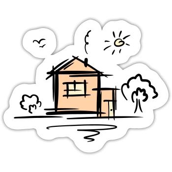 House with trees and sun. Drawing. Scribble. - Sticker size S (10 x 10 cm) - white matte - Front