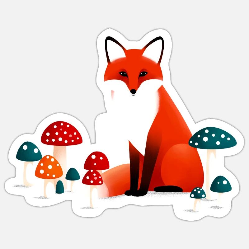 Renard aux champignons - Sticker taille S (10 x 10 cm) - blanc mat