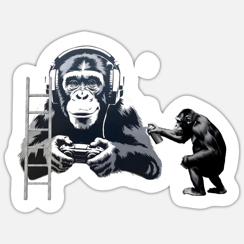 GRAFFITI BANKSY STYLE - SCHIMPANSE SPIELT COMPUTER GAM - Sticker Größe S (10 x 10 cm) - Mattweiß