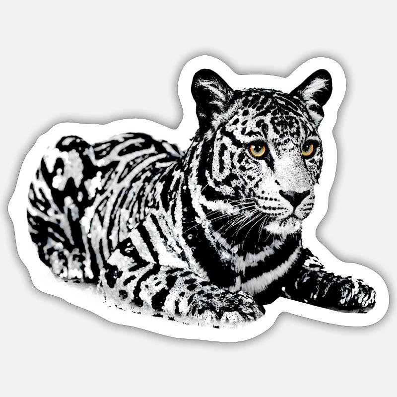 Tiger,leopard,sequins,glitter,black and white - Sticker size S (10 x 10 cm) - white matte