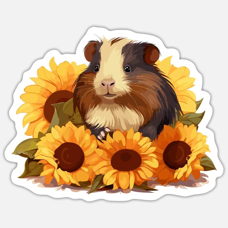 Cochon d’Inde mignon aux tournesols - Sticker taille S (10 x 10 cm) - blanc mat