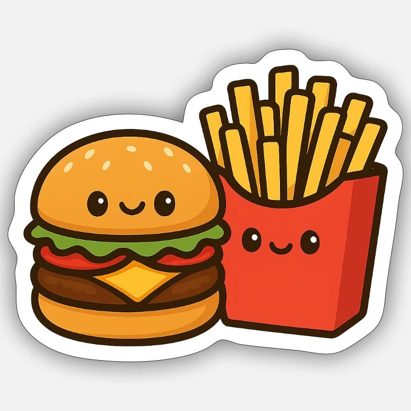 Kawaii Burger & Pommes Duo - Sticker Größe S (10 x 10 cm) - Mattweiß