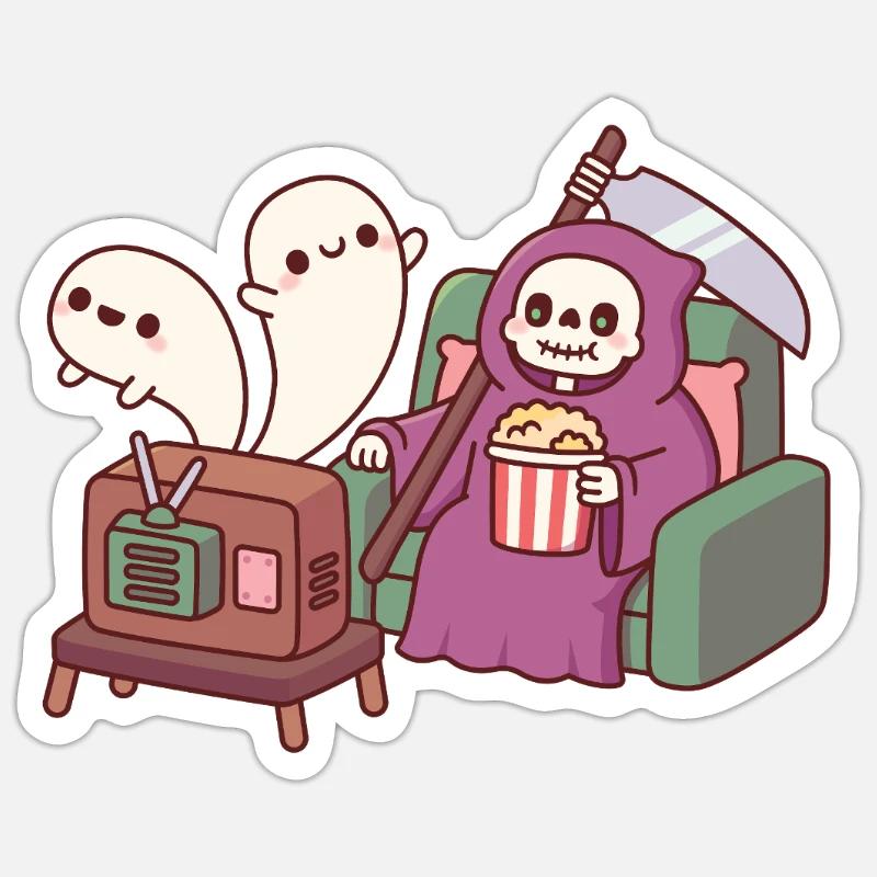 Süßer Sensenmann Mit Popcorn Und Fliegenden Geistern Sticker Größe S (10 x 10 cm)