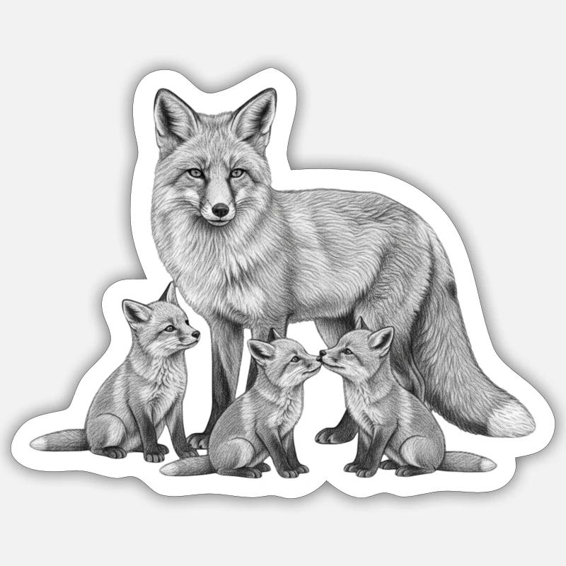 Renard et ses petits  - Sticker taille S (10 x 10 cm) - blanc mat
