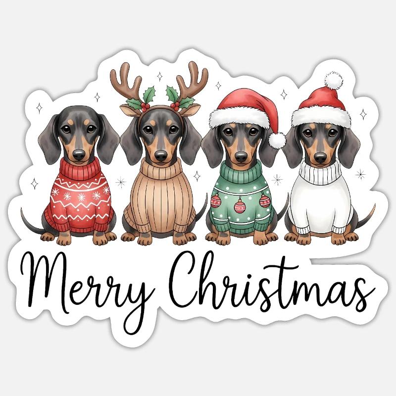 Quatre teckels, chiens blaireaux en pull de Noël Sticker taille S (10 x 10 cm)
