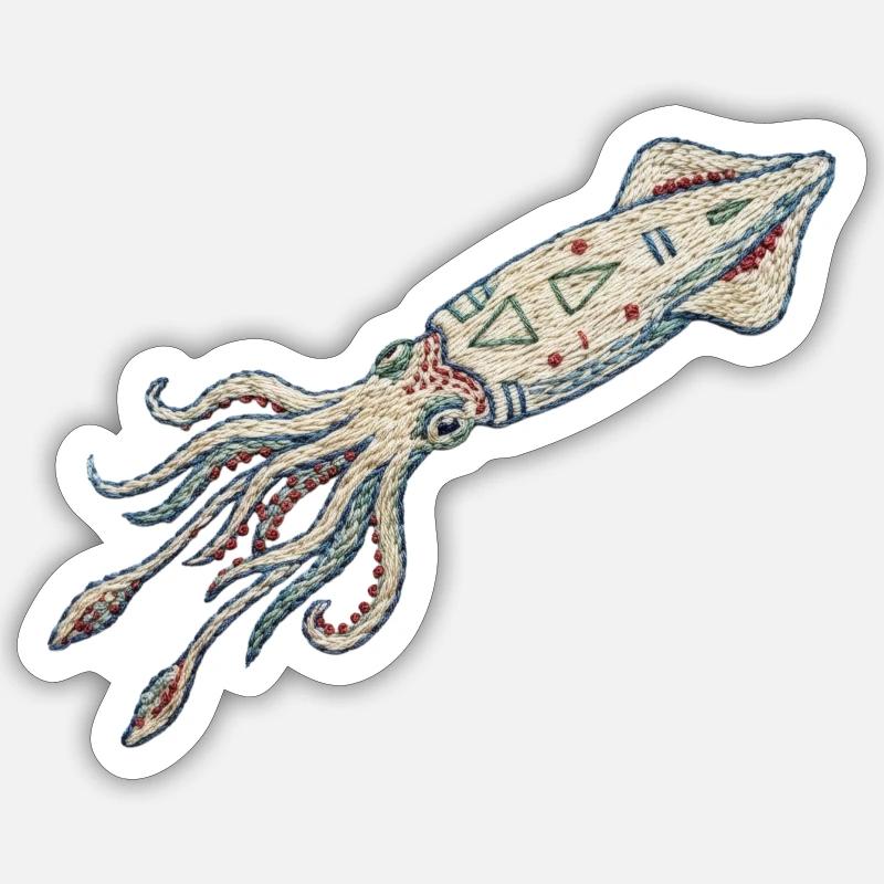 Embroidered squid – sea design (printed) - Sticker size S (10 x 10 cm) - white matte
