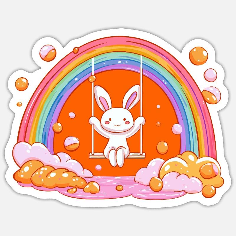 Balançoire arc-en-ciel du Lapin Câlin - Sticker taille S (10 x 10 cm) - blanc mat