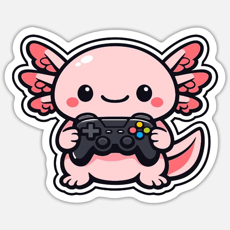 Kawaii axolotl with controller - Sticker size S (10 x 10 cm) - white matte