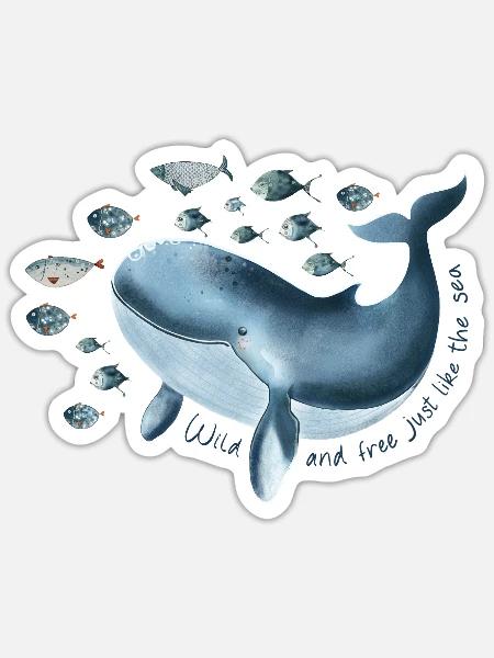 Freiheit für Hope- blauer Wal mit Fischschwarm - Sticker Größe S (10 x 10 cm) - Mattweiß
