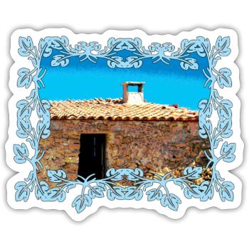 Küstendorf-Hütte im Blaurahmen Mallorca - Sticker Größe S (10 x 10 cm) - Mattweiß - Vorne
