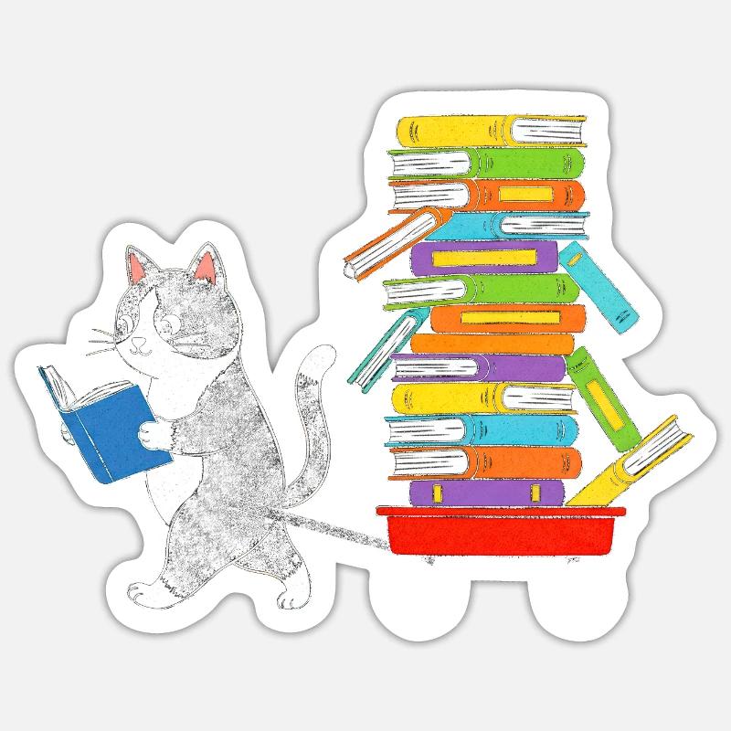 Reading kitten pulls book trolley - Sticker size S (10 x 10 cm) - white matte