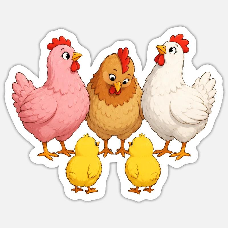 Hühner mit Kücken - Sticker Größe S (10 x 10 cm) - Mattweiß